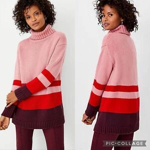 Ann Taylor Colorblock Turtleneck Tunic Sweater Women’s Size XS Pink Sea Shell